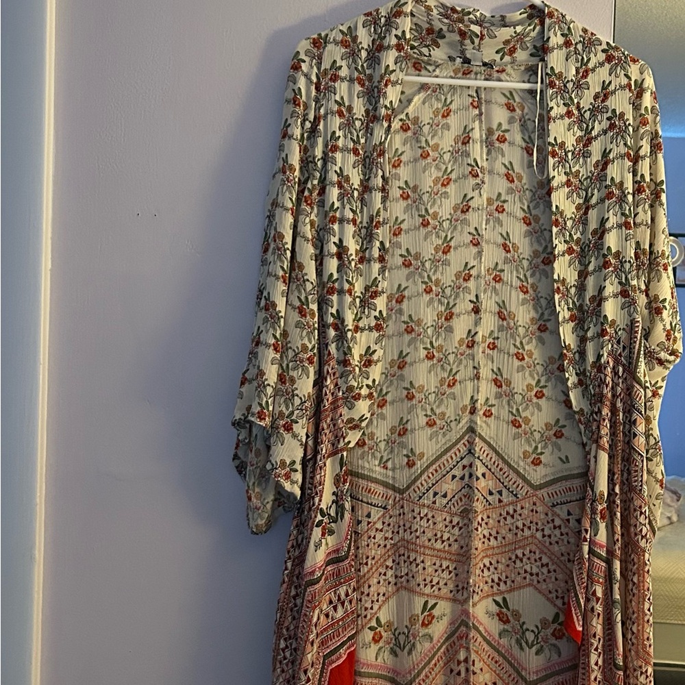 Patrons of Peace Floral Kimono with Red and Green Accents